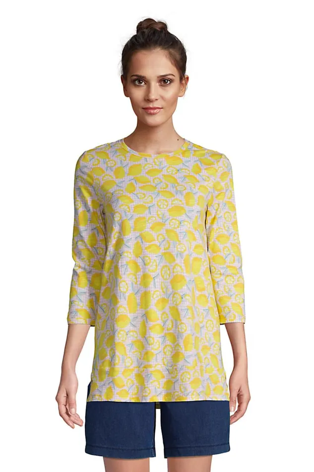 Lands039 End Tops and Tees Women Slub Jersey 34 Sleeve Loose Fit Swing Tunic Top Bright Sun Yellow Lemon Check Lands039 End Tops and Tees Women Slub Jersey 34 Sleeve Loose Fit Swing Tunic Top Bright Sun Yellow Lemon Check
