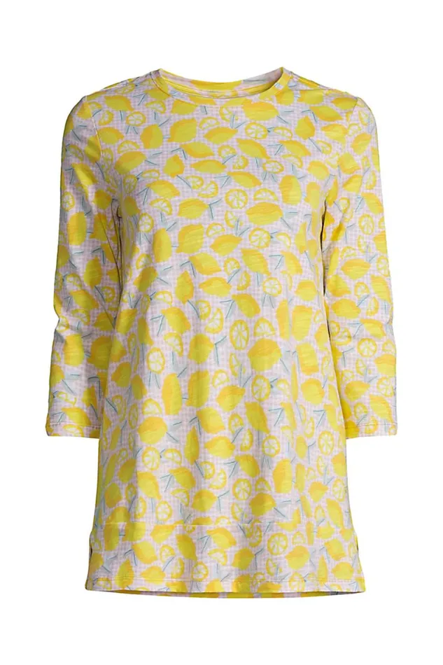 Lands039 End Tops and Tees Women Slub Jersey 34 Sleeve Loose Fit Swing Tunic Top Bright Sun Yellow Lemon Check