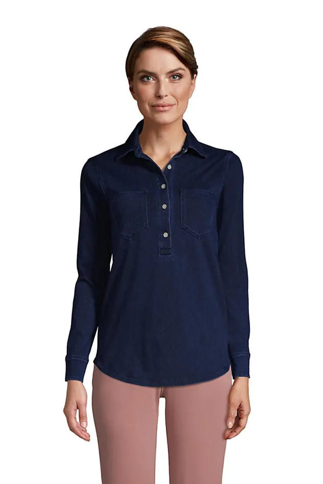 Lands039 End Tops and Tees Women Sport Knit Long Sleeve Denim Popover Tunic Dark Indigo Lands039 End Tops and Tees Women Sport Knit Long Sleeve Denim Popover Tunic Dark Indigo