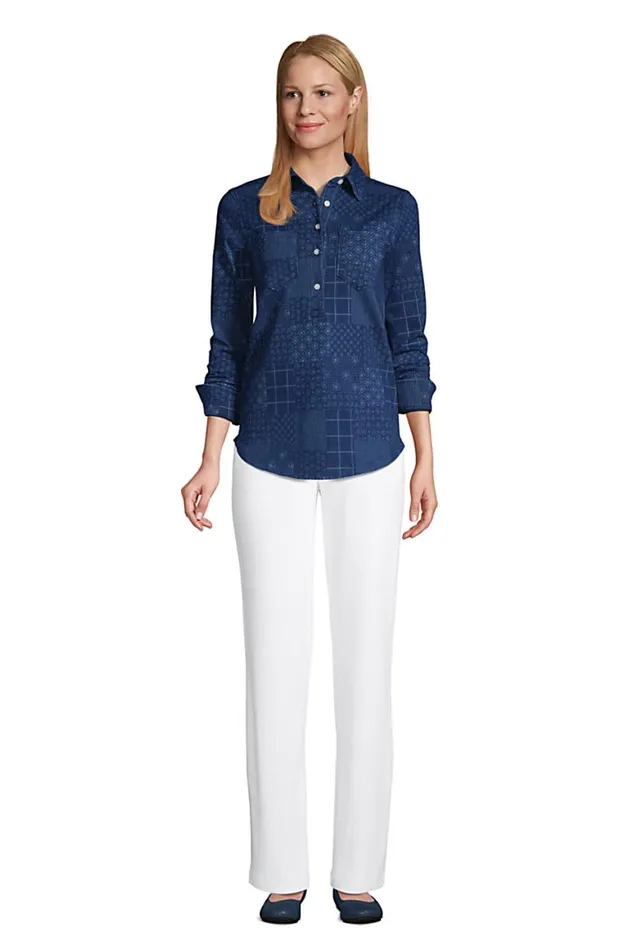 Lands039 End Tops and Tees Women Sport Knit Long Sleeve Denim Popover Tunic Dark Indigo Lands039 End Tops and Tees Women Sport Knit Long Sleeve Denim Popover Tunic Dark Indigo