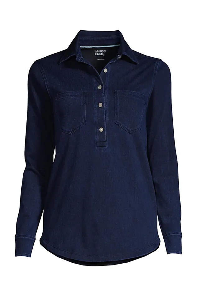 Lands039 End Tops and Tees Women Sport Knit Long Sleeve Denim Popover Tunic Dark Indigo Lands039 End Tops and Tees Women Sport Knit Long Sleeve Denim Popover Tunic Dark Indigo