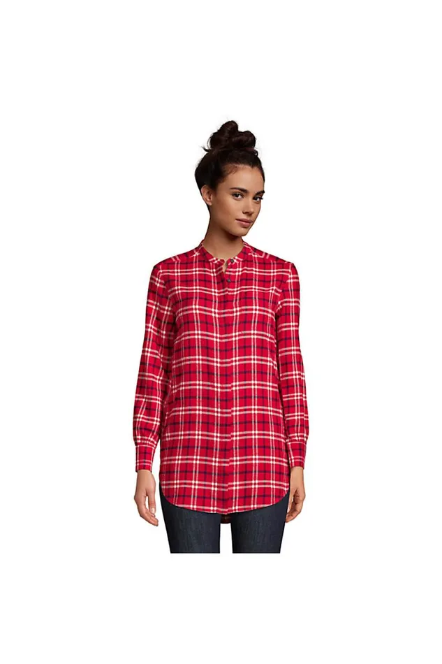 Lands039 End Tunic Tops Women Flannel Aline Long Sleeve Tunic Top Khaki Multi Stripe