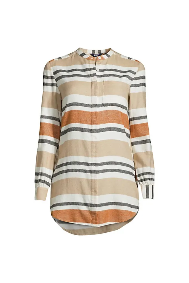 Lands039 End Tunic Tops Women Flannel Aline Long Sleeve Tunic Top Khaki Multi Stripe