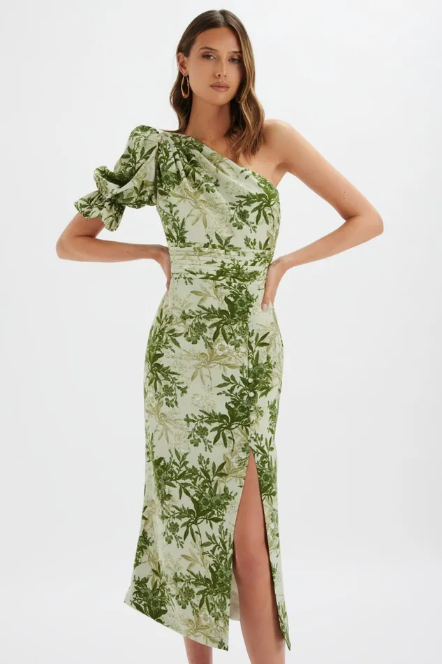 Lavish Alice ALine Dresses NAKIA Asymmetric Puff Sleeve Midi Dress In Botanical Print 8211 Women