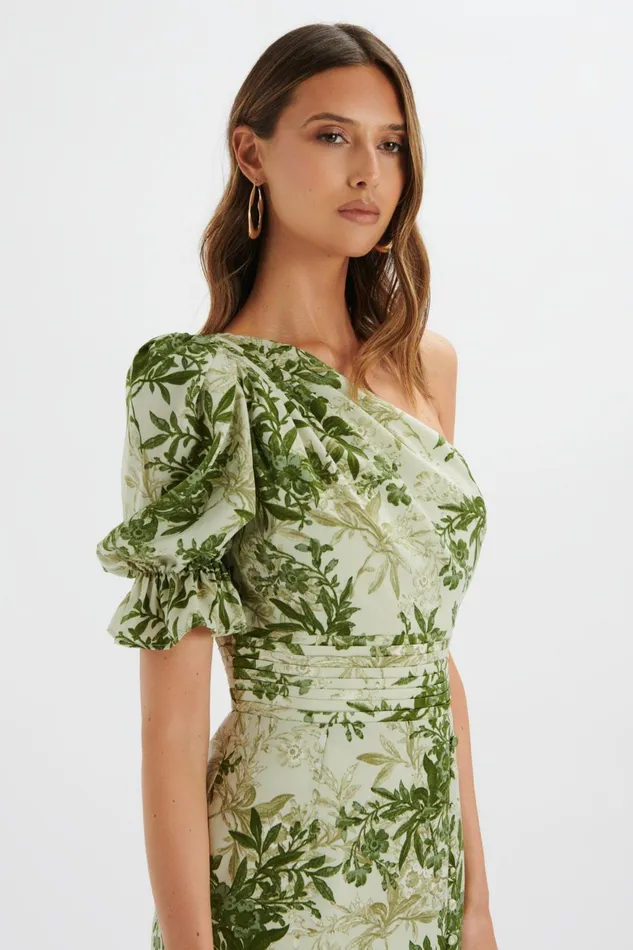 Lavish Alice ALine Dresses NAKIA Asymmetric Puff Sleeve Midi Dress In Botanical Print 8211 Women