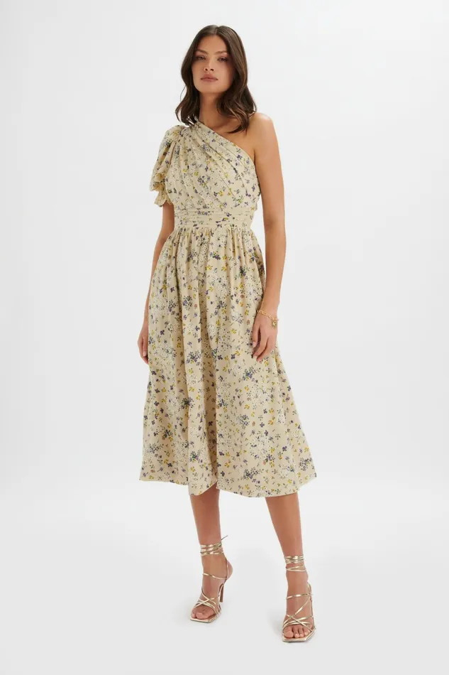 Lavish Alice ALine Dresses POLLY One Shoulder Puff Sleeve Midi Dress In Floral Broidery Floral Broidery 8211 Women