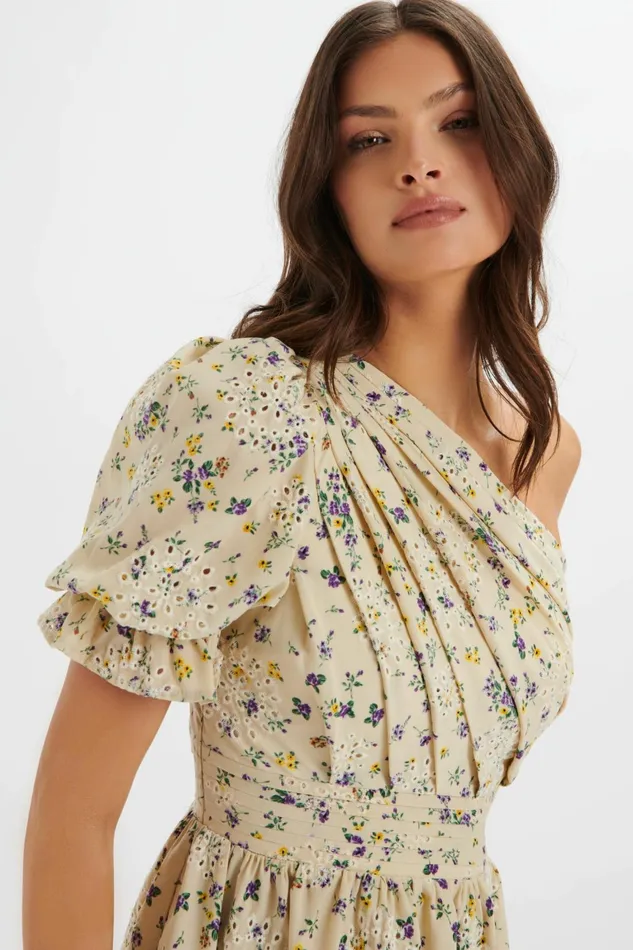Lavish Alice ALine Dresses POLLY One Shoulder Puff Sleeve Midi Dress In Floral Broidery Floral Broidery 8211 Women