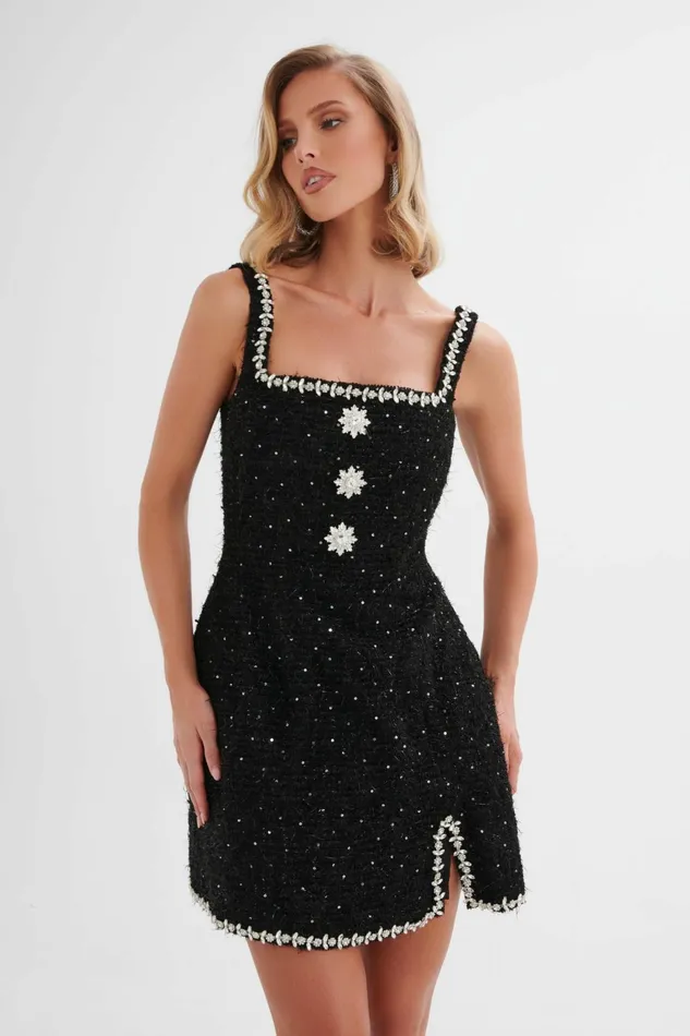 Lavish Alice ALine Dresses ZOEY Embellished Boucle Tulip Mini Dress In Black Black 8211 Women