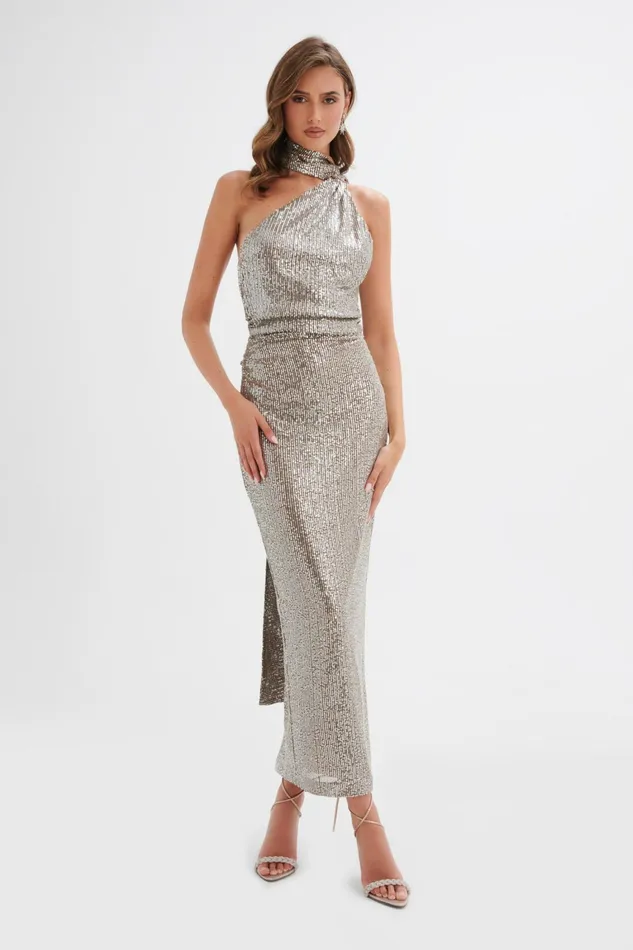 Lavish Alice Backless Dresses ALANNI Stretch Sequin Longline Scarf Maxi Dress In Silver Silver 8211 Women Lavish Alice Backless Dresses ALANNI Stretch Sequin Longline Scarf Maxi Dress In Silver Silver 8211 Women