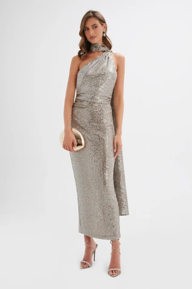 Lavish Alice Backless Dresses ALANNI Stretch Sequin Longline Scarf Maxi Dress In Silver Silver 8211 Women