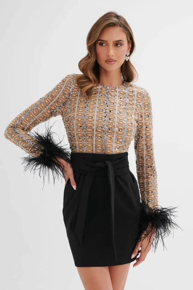 Lavish Alice Belted Dresses MEDINA Embellished Feather Cuff Mini Dress In Black Black 8211 Women