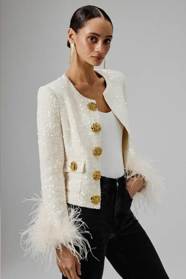 Lavish Alice Blazers LARIA Sequin Boucle Jacket With Gold Rose Embellishment In Beige Beige 8211 Women Lavish Alice Blazers LARIA Sequin Boucle Jacket With Gold Rose Embellishment In Beige Beige 8211 Women