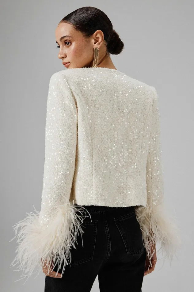 Lavish Alice Blazers LARIA Sequin Boucle Jacket With Gold Rose Embellishment In Beige Beige 8211 Women