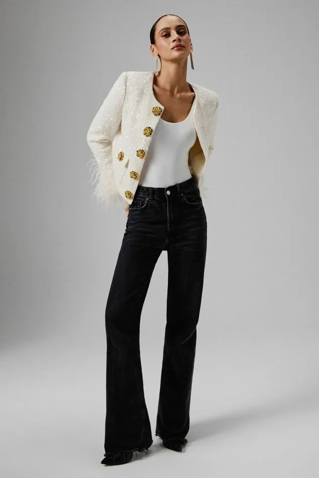 Lavish Alice Blazers LARIA Sequin Boucle Jacket With Gold Rose Embellishment In Beige Beige 8211 Women