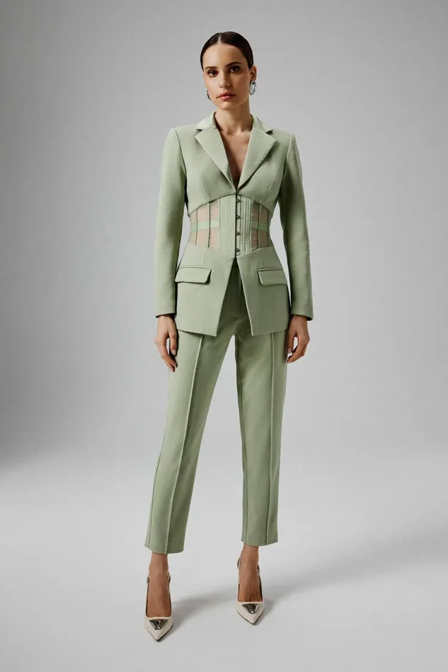 Lavish Alice Blazers ROSIE Sheer Satin Mix Corset Blazer In Sage Green Sage Green 8211 Women