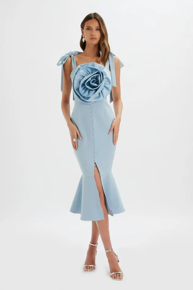 Lavish Alice Bow Dresses AUGUST Flower Detail Tie Strap Micro Button Midi Dress In Cornflower Blue Cornflower B 8211 Women