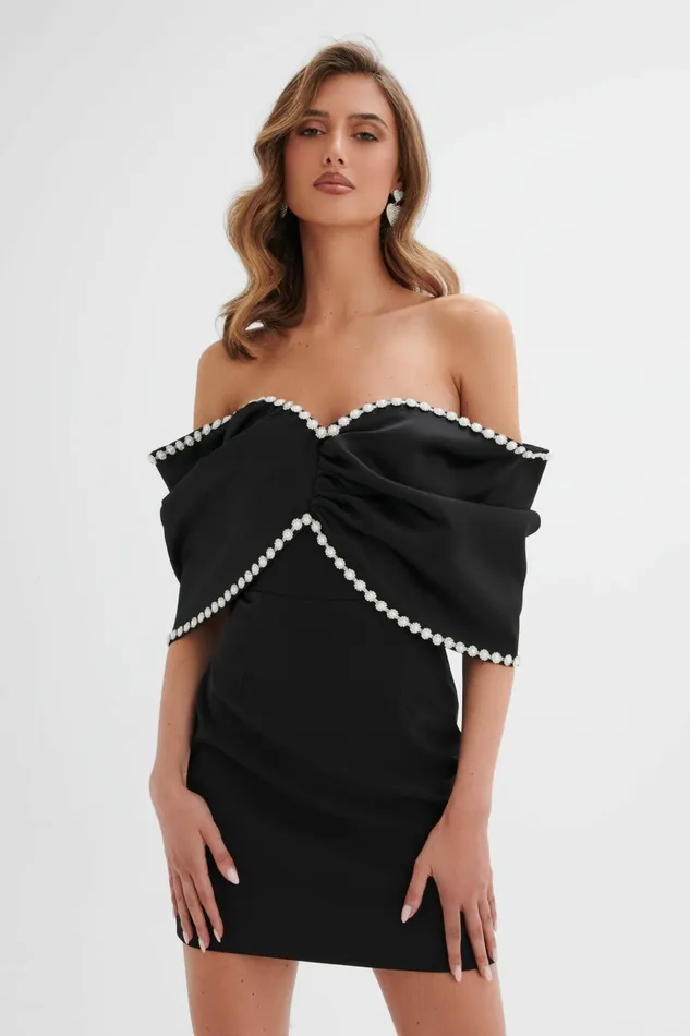 Lavish Alice Bow Dresses ROXANNA Bardot Embellished Volume Sleeve Mini Dress In Black Black 8211 Women Lavish Alice Bow Dresses ROXANNA Bardot Embellished Volume Sleeve Mini Dress In Black Black 8211 Women