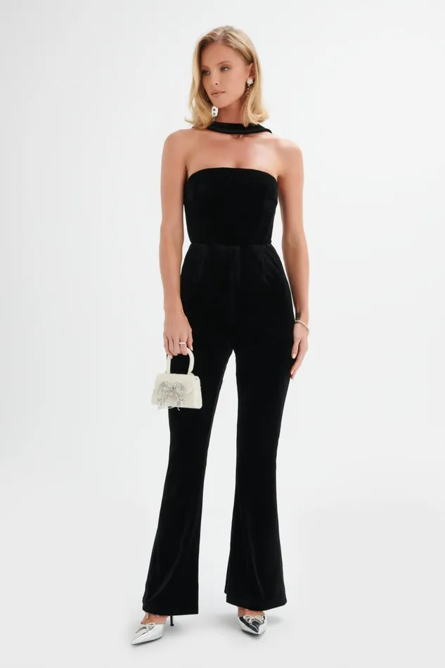 Lavish Alice Jumpsuits and Playsuits HAZEL High Neck Velvet Jumpsuit In Black Black 8211 Women