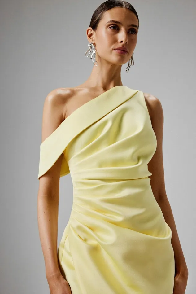 Lavish Alice Off The Shoulder and Bardot BAMBI Asymmetric Neckline Pleated Satin Midi Dress In Yellow Mid Yellow 8211 Women Lavish Alice Off The Shoulder and Bardot BAMBI Asymmetric Neckline Pleated Satin Midi Dress In Yellow Mid Yellow 8211 Women