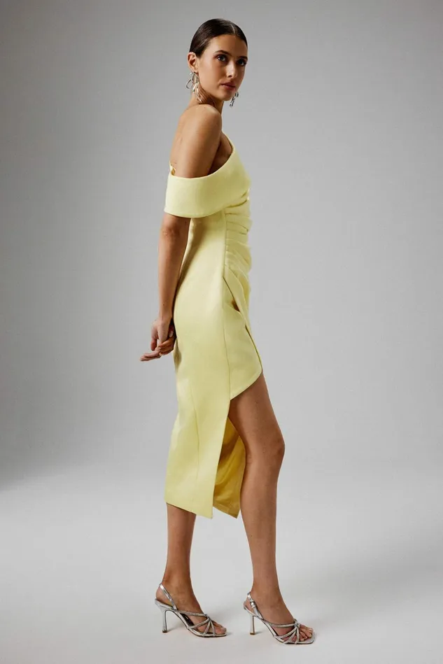 Lavish Alice Off The Shoulder and Bardot BAMBI Asymmetric Neckline Pleated Satin Midi Dress In Yellow Mid Yellow 8211 Women