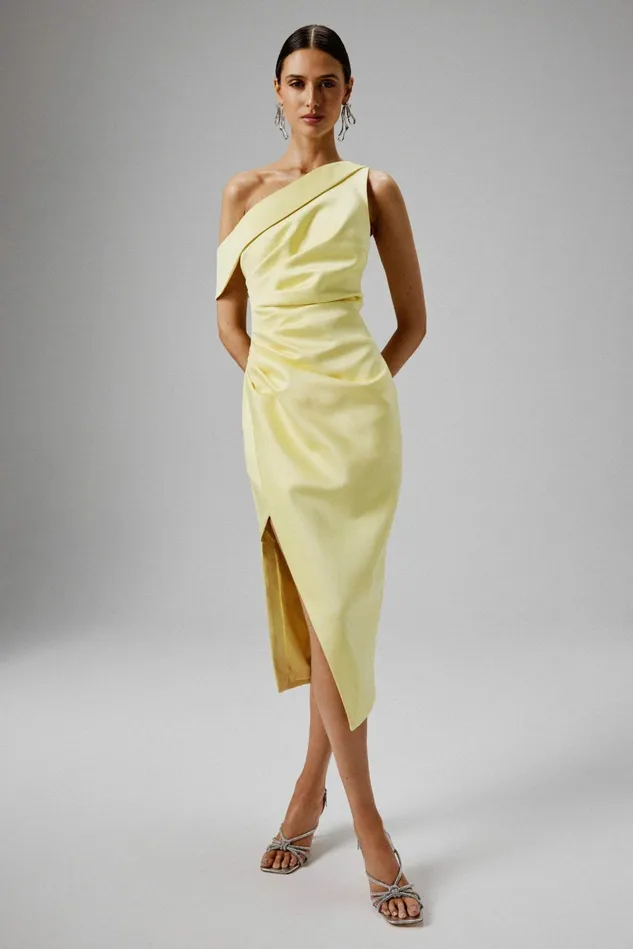 Lavish Alice Off The Shoulder and Bardot BAMBI Asymmetric Neckline Pleated Satin Midi Dress In Yellow Mid Yellow 8211 Women