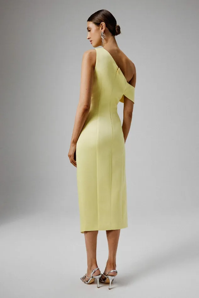 Lavish Alice Off The Shoulder and Bardot BAMBI Asymmetric Neckline Pleated Satin Midi Dress In Yellow Mid Yellow 8211 Women