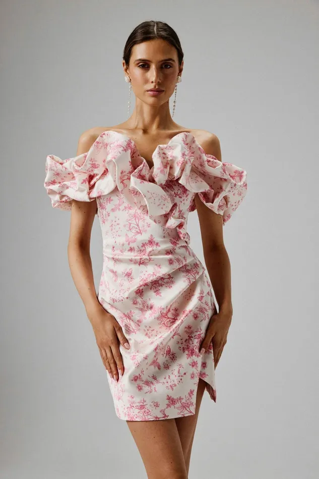 Lavish Alice Off The Shoulder and Bardot CARRIE Bonded Satin Bardot Mini Dress In Pink Porcelain Print Pink Porcelain Print 8211 Women Lavish Alice Off The Shoulder and Bardot CARRIE Bonded Satin Bardot Mini Dress In Pink Porcelain Print Pink Porcelain Print 8211 Women