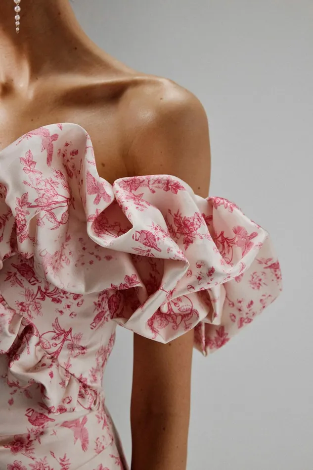 Lavish Alice Off The Shoulder and Bardot CARRIE Bonded Satin Bardot Mini Dress In Pink Porcelain Print Pink Porcelain Print 8211 Women