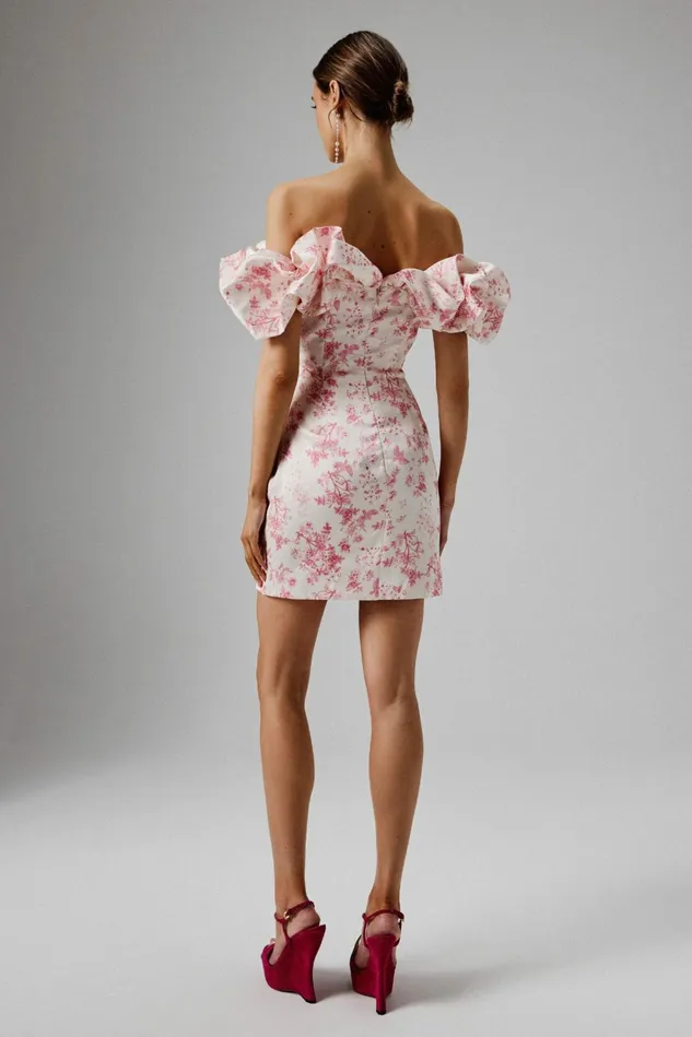 Lavish Alice Off The Shoulder and Bardot CARRIE Bonded Satin Bardot Mini Dress In Pink Porcelain Print Pink Porcelain Print 8211 Women