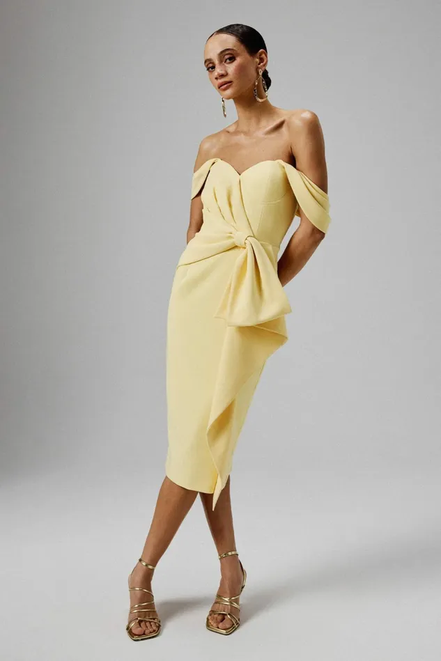 Lavish Alice Off The Shoulder and Bardot LORI Off Shoulder Bow Detail Midi Dress In Yellow Yellow 8211 Women Lavish Alice Off The Shoulder and Bardot LORI Off Shoulder Bow Detail Midi Dress In Yellow Yellow 8211 Women