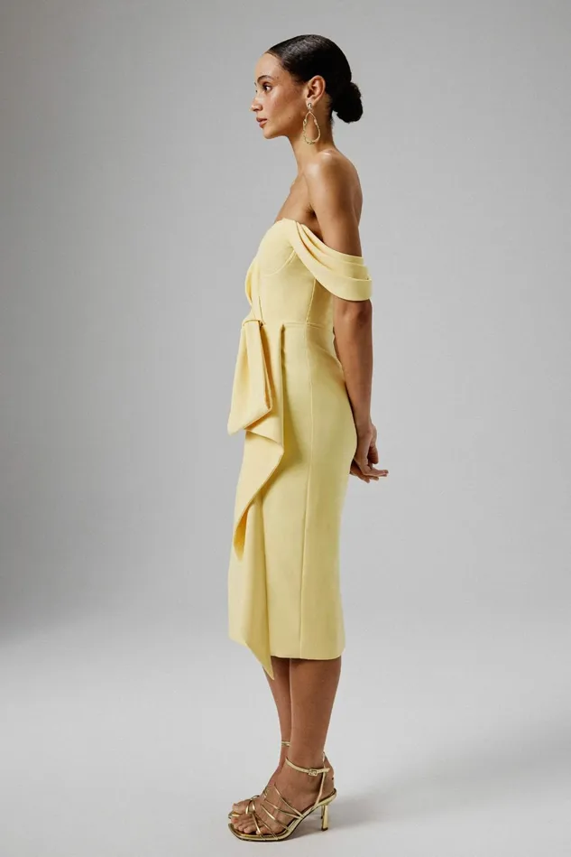 Lavish Alice Off The Shoulder and Bardot LORI Off Shoulder Bow Detail Midi Dress In Yellow Yellow 8211 Women