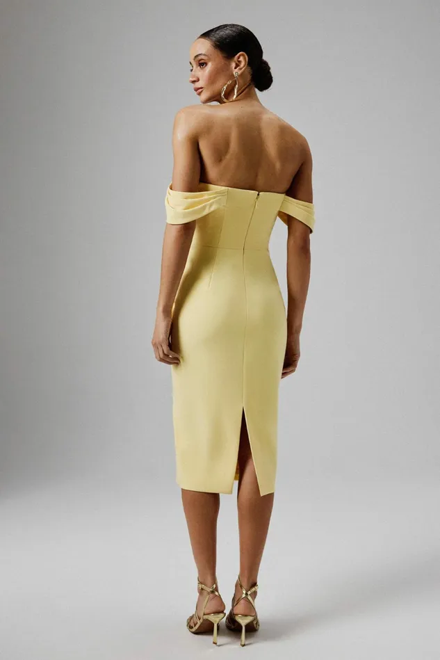 Lavish Alice Off The Shoulder and Bardot LORI Off Shoulder Bow Detail Midi Dress In Yellow Yellow 8211 Women
