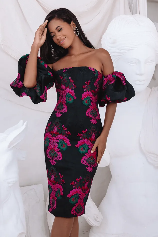 Lavish Alice Pencil Dresses CAPRI Jacquard Volume Sleeve Bardot Midi Dress In Black Black 8211 Women Lavish Alice Pencil Dresses CAPRI Jacquard Volume Sleeve Bardot Midi Dress In Black Black 8211 Women