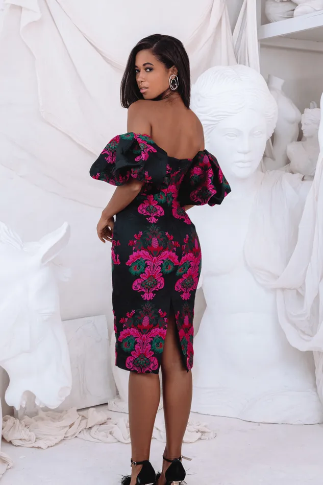 Lavish Alice Pencil Dresses CAPRI Jacquard Volume Sleeve Bardot Midi Dress In Black Black 8211 Women