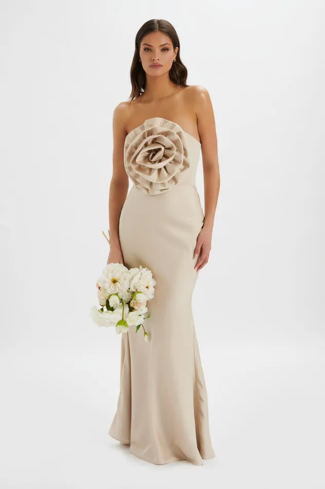 Lavish Alice Strapless and Bandeau Dresses DALIA 3D Flower Bandeau Maxi Dress In Champagne Champagne 8211 Women Lavish Alice Strapless and Bandeau Dresses DALIA 3D Flower Bandeau Maxi Dress In Champagne Champagne 8211 Women