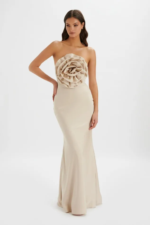 Lavish Alice Strapless and Bandeau Dresses DALIA 3D Flower Bandeau Maxi Dress In Champagne Champagne 8211 Women