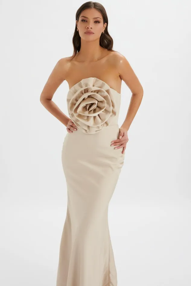 Lavish Alice Strapless and Bandeau Dresses DALIA 3D Flower Bandeau Maxi Dress In Champagne Champagne 8211 Women