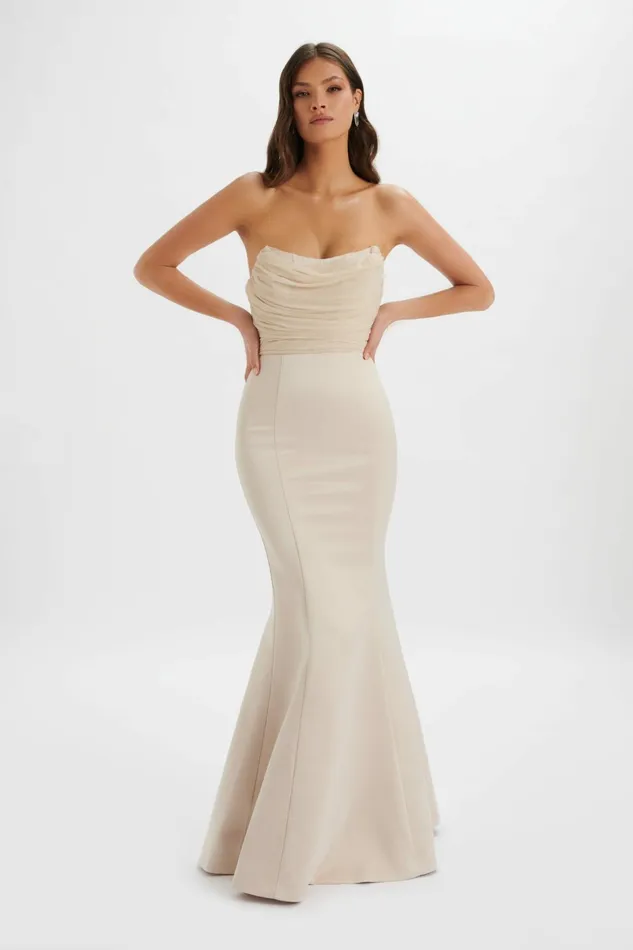 Lavish Alice Strapless and Bandeau Dresses RENATA Bonded Satin Corset Maxi Dress In Champagne Champagne 8211 Women Lavish Alice Strapless and Bandeau Dresses RENATA Bonded Satin Corset Maxi Dress In Champagne Champagne 8211 Women