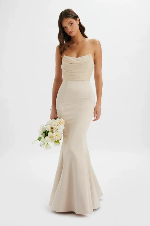 Lavish Alice Strapless and Bandeau Dresses RENATA Bonded Satin Corset Maxi Dress In Champagne Champagne 8211 Women