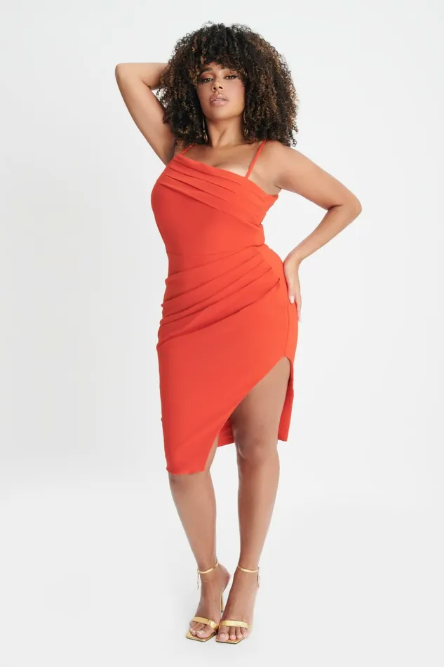 Lavish Alice Wedding Guest CHANTELLE Curve Asymmetric Pleat Midi Dress In Coral Red Coral Red 8211 Women Lavish Alice Wedding Guest CHANTELLE Curve Asymmetric Pleat Midi Dress In Coral Red Coral Red 8211 Women