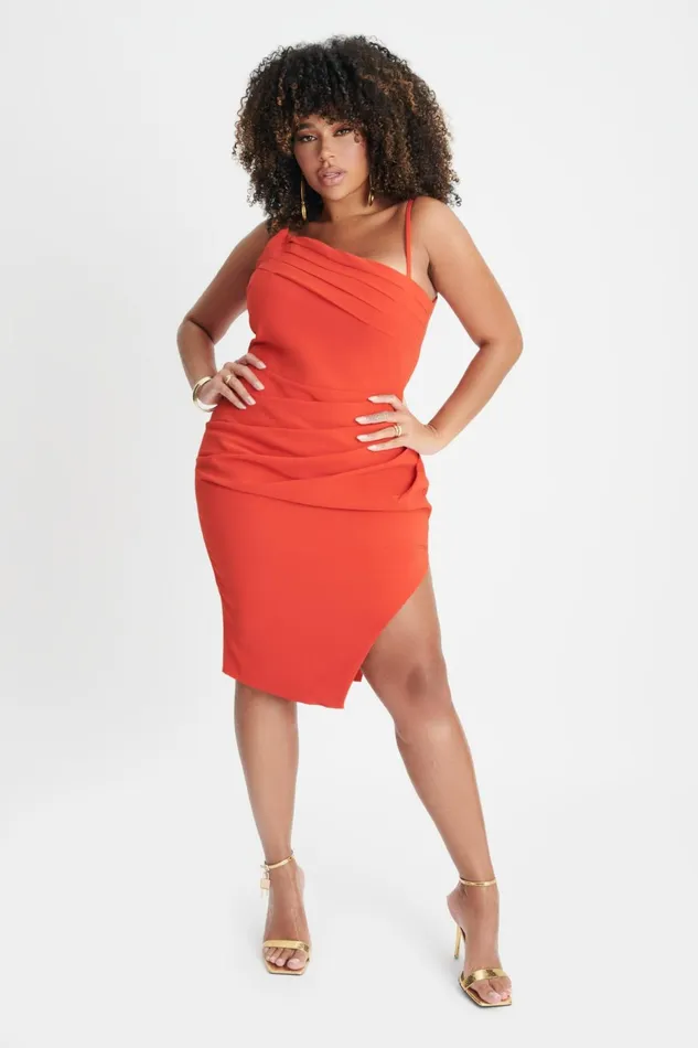 Lavish Alice Wedding Guest CHANTELLE Curve Asymmetric Pleat Midi Dress In Coral Red Coral Red 8211 Women
