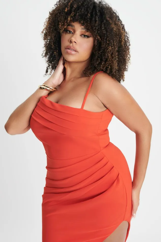 Lavish Alice Wedding Guest CHANTELLE Curve Asymmetric Pleat Midi Dress In Coral Red Coral Red 8211 Women