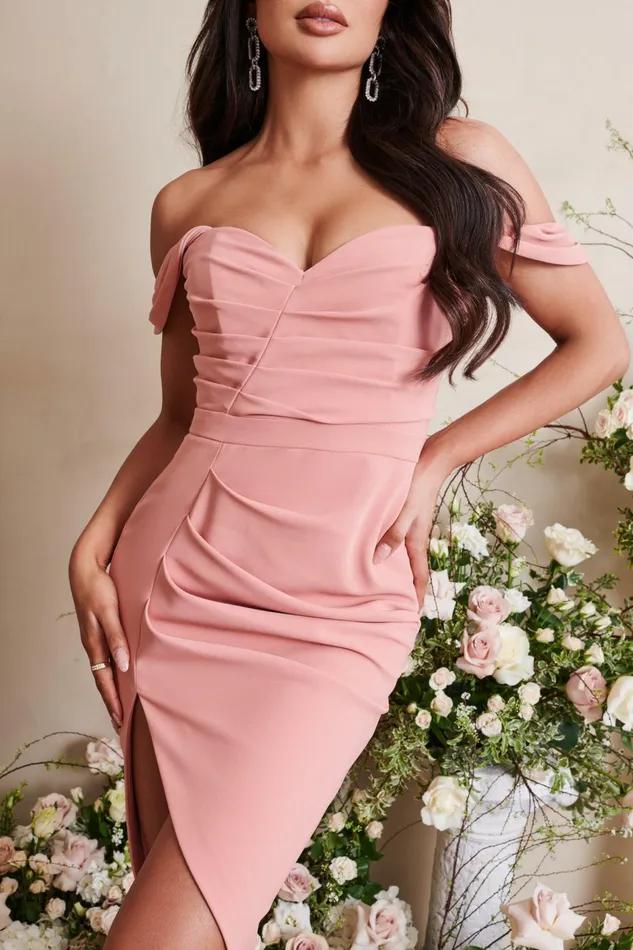 Lavish Alice Wedding Guest HAILEY Pleated Bardot Midi Dress In Coral Coral 8211 Women