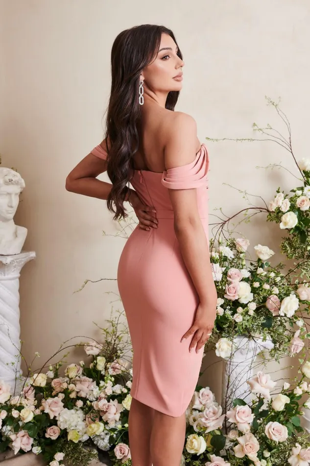 Lavish Alice Wedding Guest HAILEY Pleated Bardot Midi Dress In Coral Coral 8211 Women
