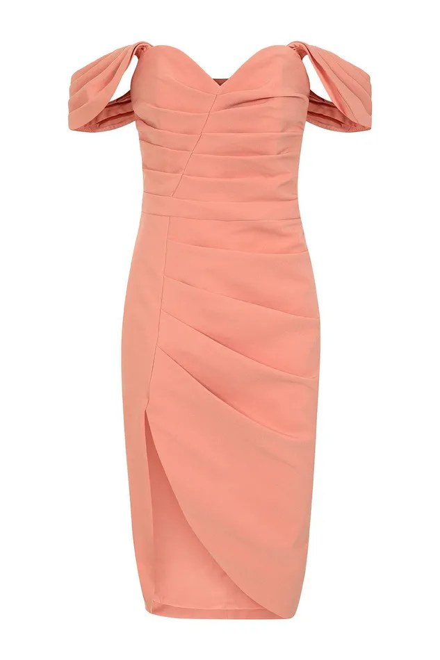 Lavish Alice Wedding Guest HAILEY Pleated Bardot Midi Dress In Coral Coral 8211 Women