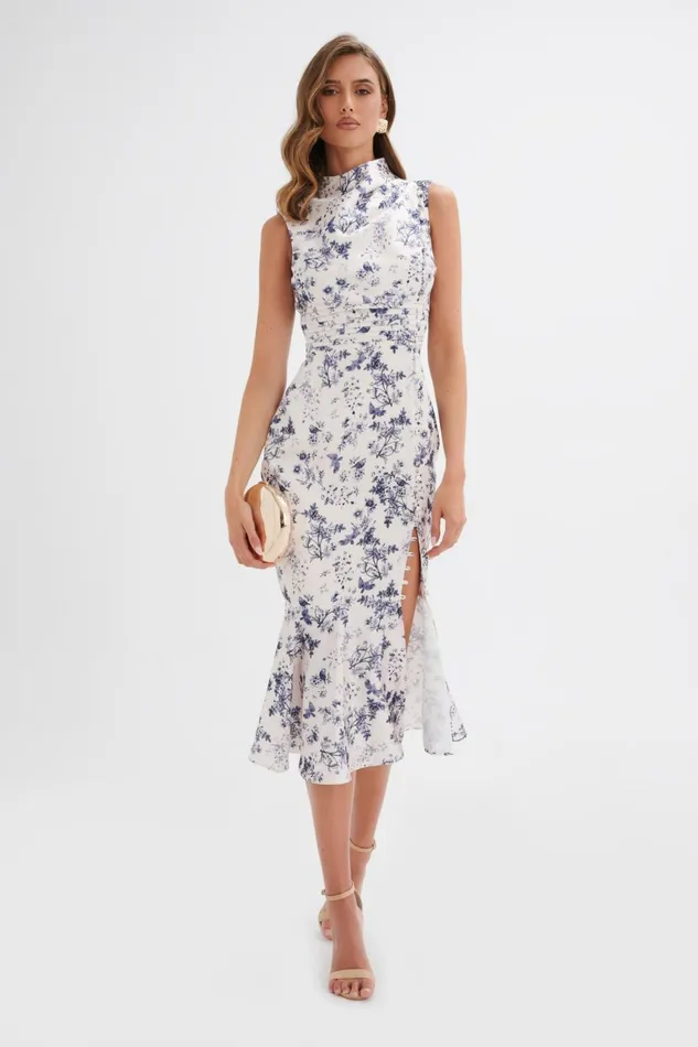 Lavish Alice Wedding Guest SAFFRON High Neck Satin Midi Dress In Navy Porcelain Print Navy Porcelain Print 8211 Women
