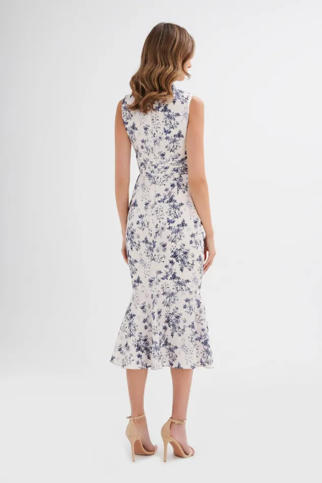 Lavish Alice Wedding Guest SAFFRON High Neck Satin Midi Dress In Navy Porcelain Print Navy Porcelain Print 8211 Women