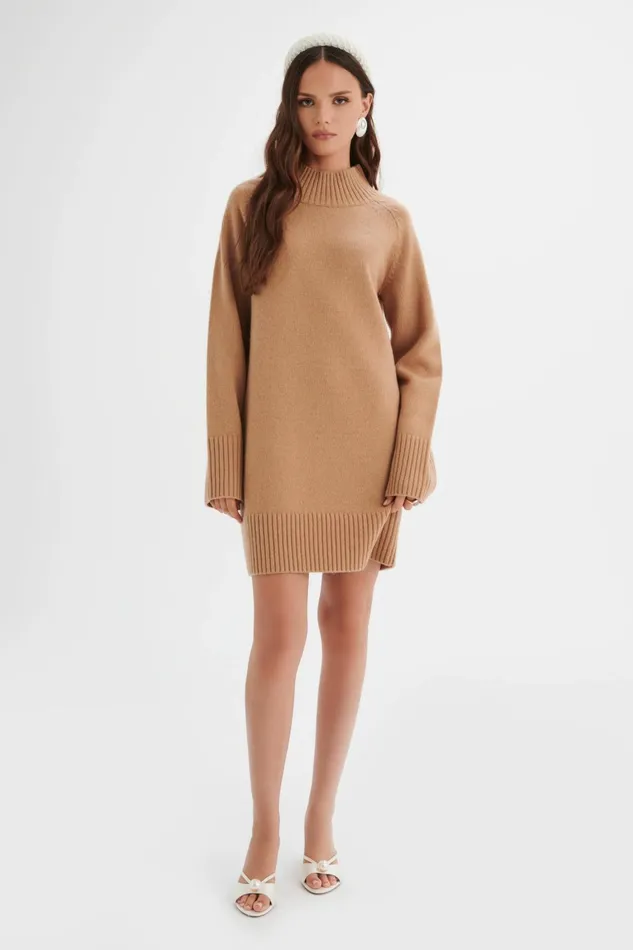 Lavish Alice Winter Knitwear LILIAN Knitted Cashmere Mini Jumper Dress In Camel Camel 8211 Women