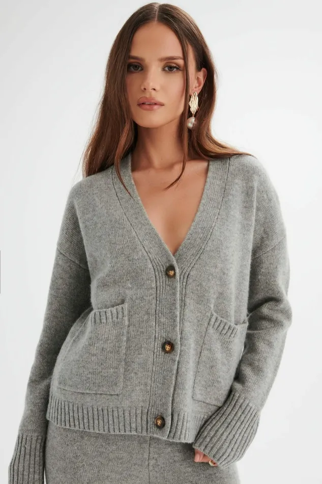 Lavish Alice Winter Knitwear NELLA Knitted Cashmere Blend Relaxed Cardigan In Grey Grey 8211 Women