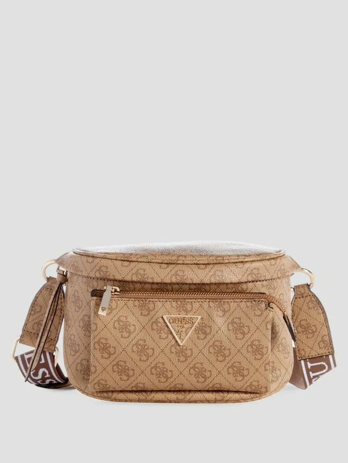 Luggage and Travel Bags WomenMen GUESS Power Play Quattro G Mini Sling Bag Latte Logo
